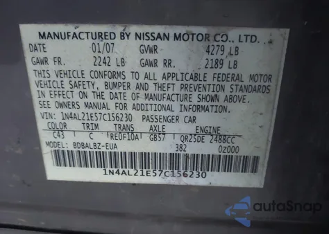 2007 Nissan Altima 2.5 S z USA, uszkodzony, nr VIN 1N4AL21E57C156230